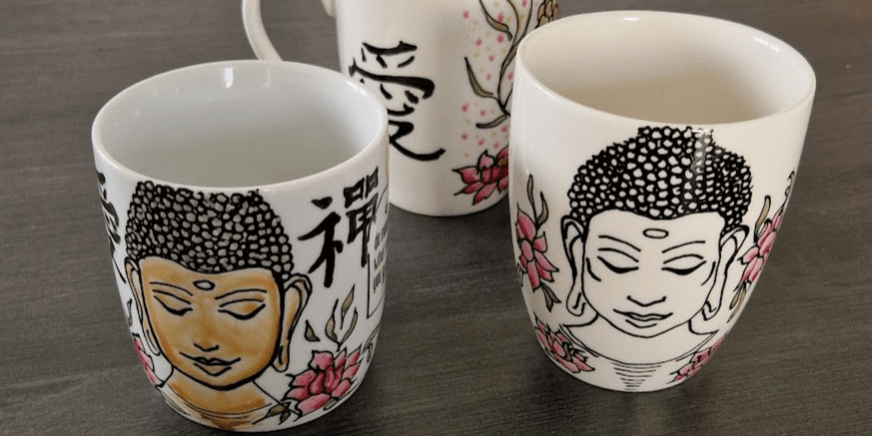 Drei Tassen mit Buddha Motiv